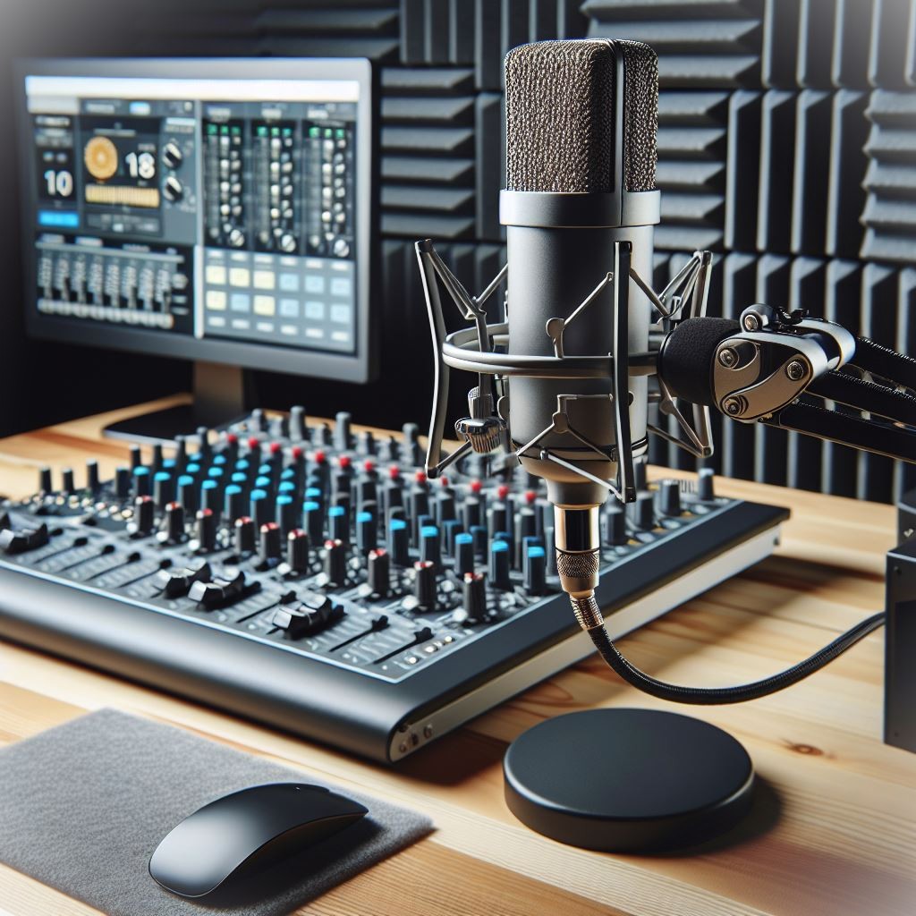 Mixerbord och mikrofon för poddcast